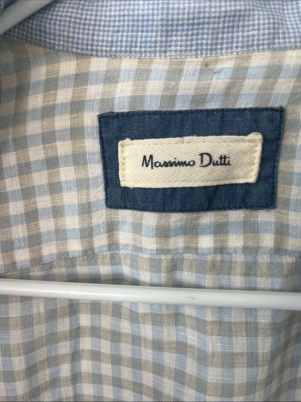 Massimo Dutti Men’s Light Blue and Beige Gingham Button-Down Shirt